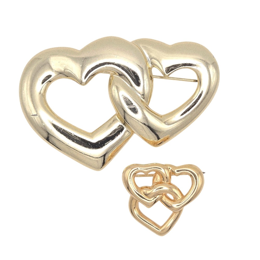 Gold Tone Interlocking Heart Brooch Pin Set 2 Piece Vintage Jewelry Monet Triple
